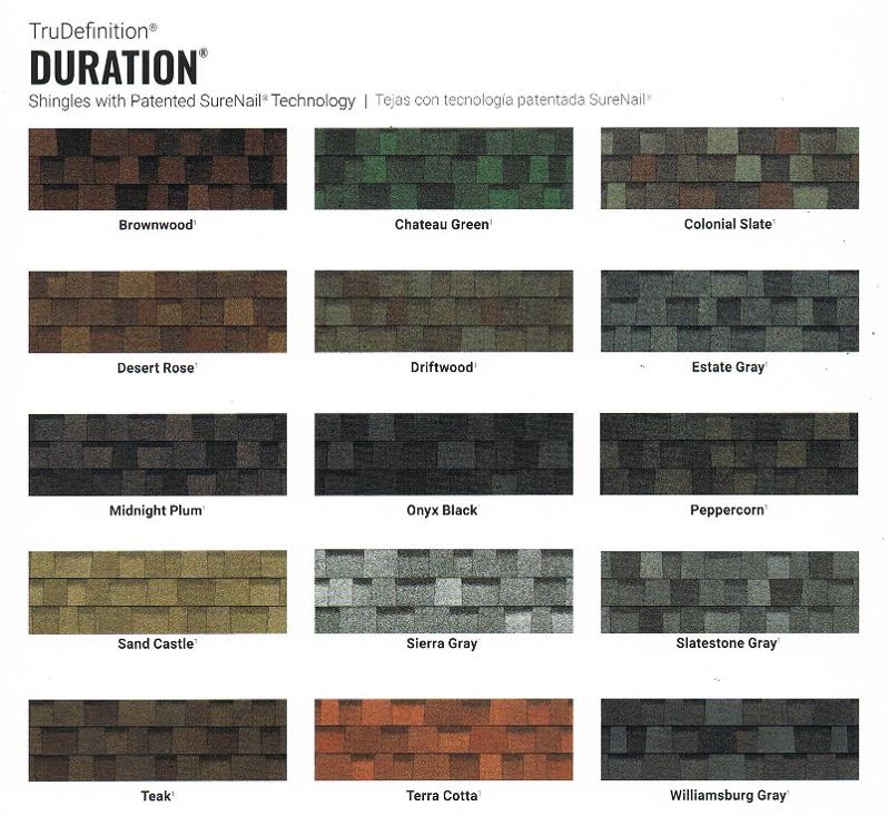 TruDefinition Duration Shingle Color Chart